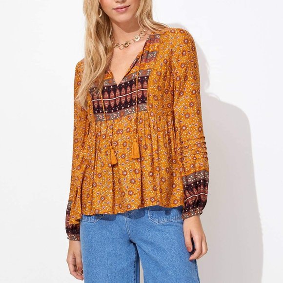 SPORTSGIRL Boho Mustard Long Sleeve Top Blouse - Picture 2 of 9